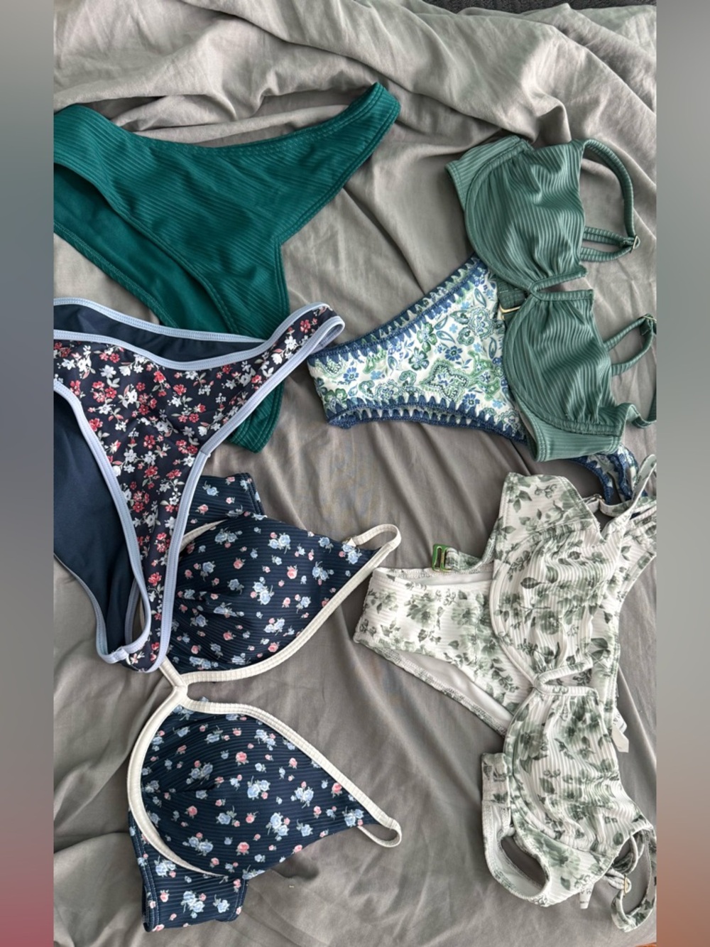 Mixed Ribbed & Floral Bikini Tops and Bottoms - Green, Teal, Navy, White